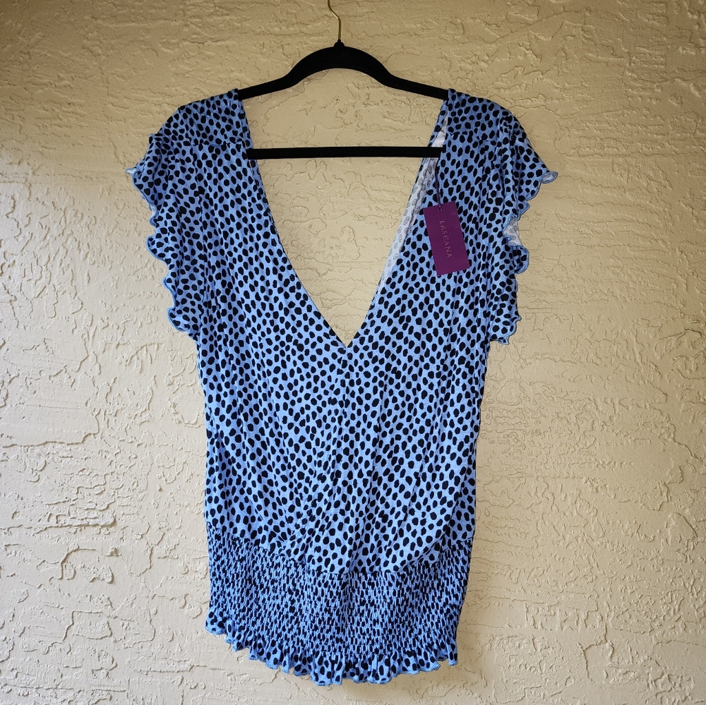 Lascana Blue Polka Dot Top NWT